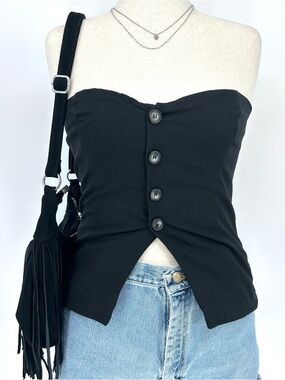 Black Linen Blend Strapless Corset Vest Top Button Front Y2K Minimal Tube